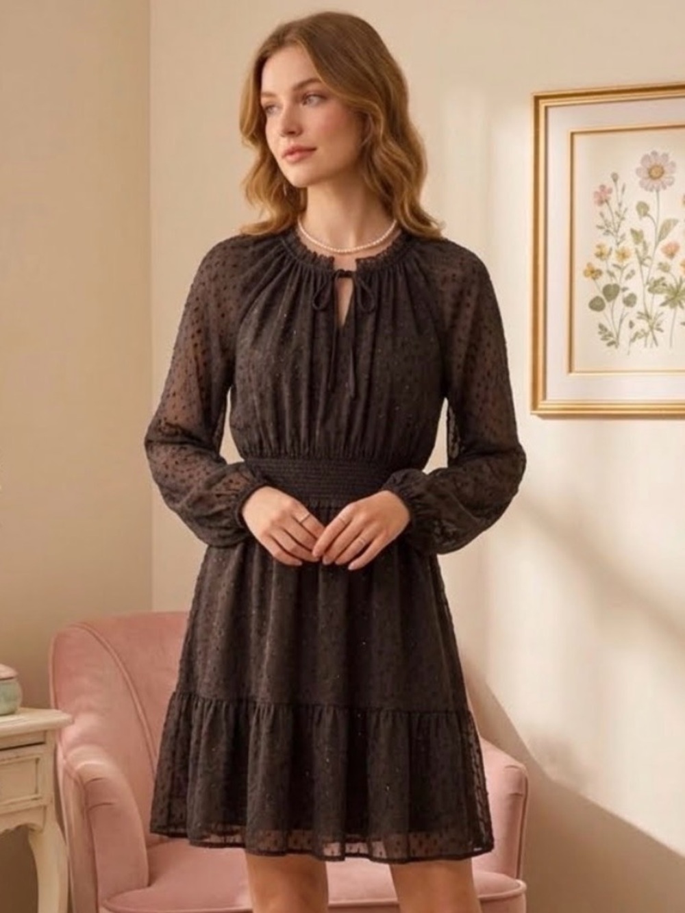 Sheer (arms and top lining) Brown Long Sleeve Smocked Waist Dress